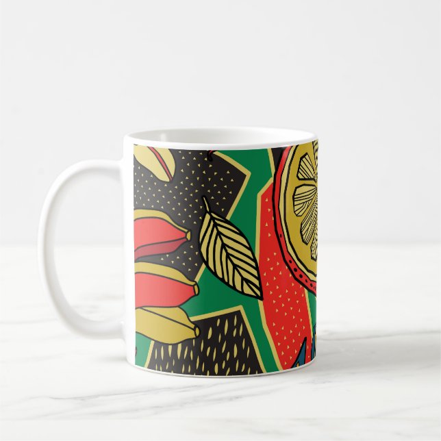 Tropiska frukter, löv, Dodle-blommönster. Kaffemugg (Vänster)