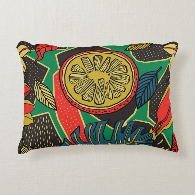 Tropiska frukter, löv, Dodle-blommönster. Prydnadskudde (Framsidan)