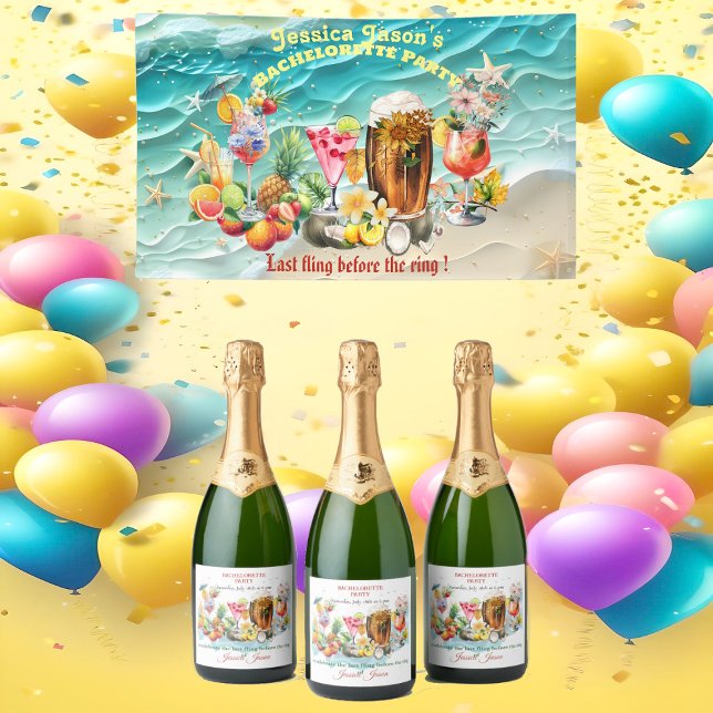 Tropiska Frukter Möhippa Strandtema Cocktail (Beach Cocktails Tropical Fruits Bachelorette Party Sparkling Wine Label)