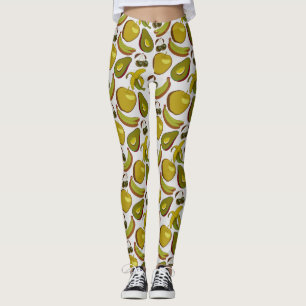 Tropiska frukter, sömlös gult mönster och vit leggings