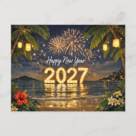 Tropiska fyrverkerier Solnedgång Gott nytt år 2027 Helg Vykort