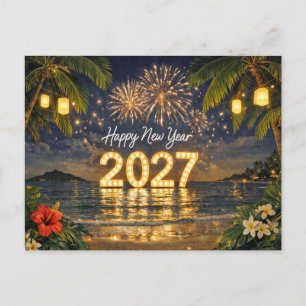 Tropiska fyrverkerier Solnedgång Gott nytt år 2027 Helg Vykort