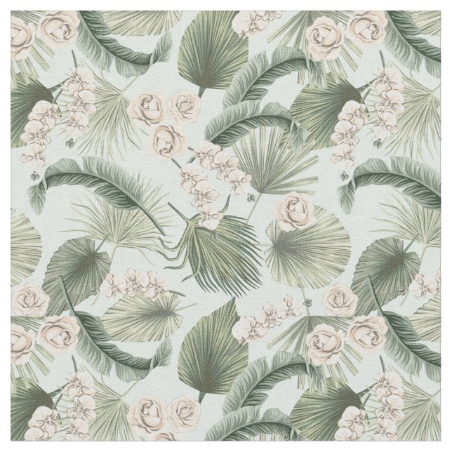 Tropiska Garden-Blommigten Orchid & Handflatan Mön Tyg (Närbild)