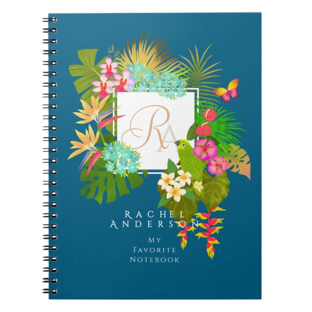 Tropiska Garden Monogram Ocean Blue Anteckningsbok (Framsidan)