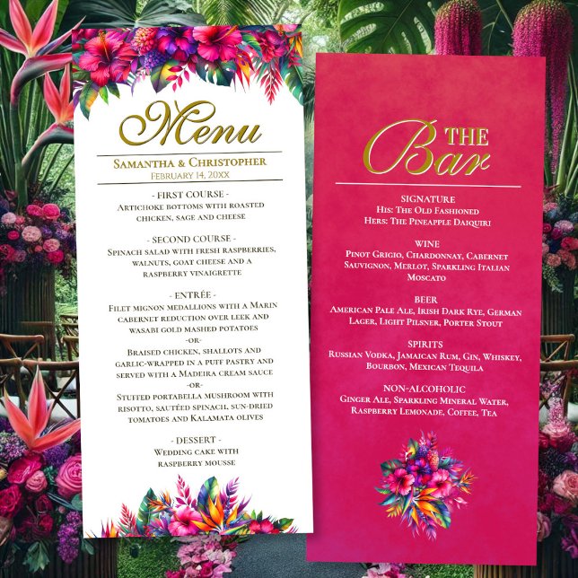 Tropiska Garden Two Sided Bröllop Meal & Pub Meny (Front/Back)