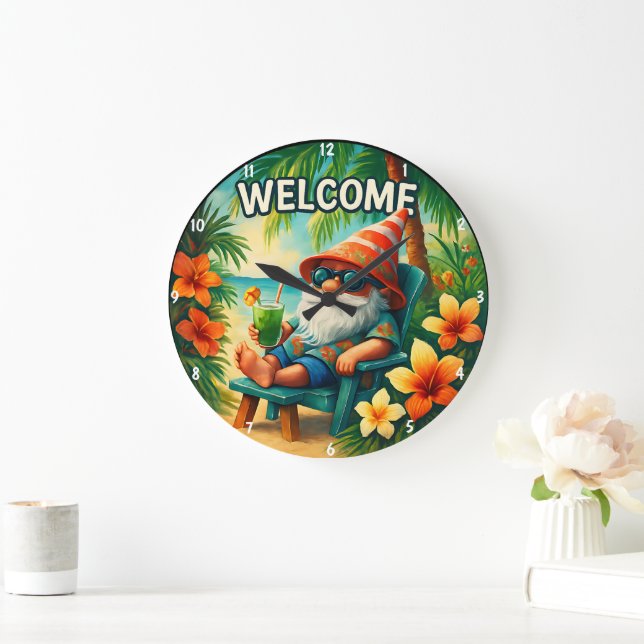 Tropiska Gnome-Thated Vibrant Summer Hibiscus Art Stor Klocka (Hem)