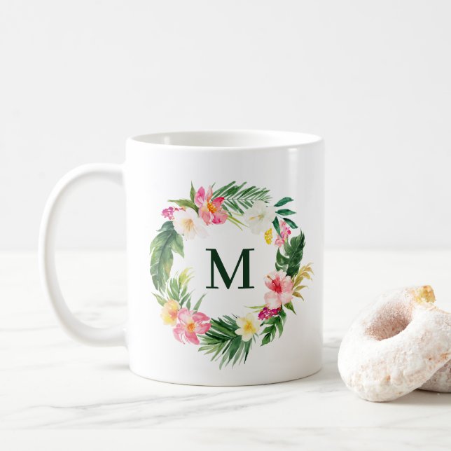 Tropiska Grey och Flowers WandeMonogram Kaffemugg (Med munk)