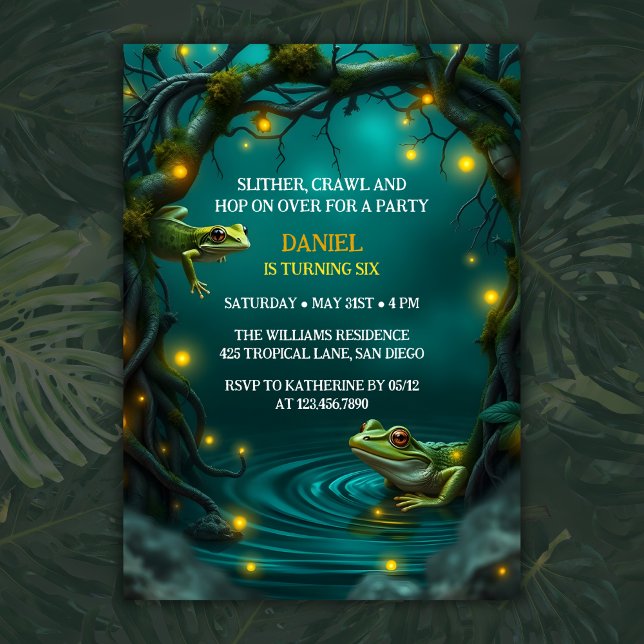 Tropiska grodor Lizards Kids Reptile-Födelsedagsfe Inbjudningar (Tropical Frogs Lizards Kids Reptile Birthday Party Invitation)