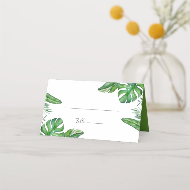 Tropiska Gröna Akvarell Monstera Blad Bröllop  Placeringskort (Framsida)