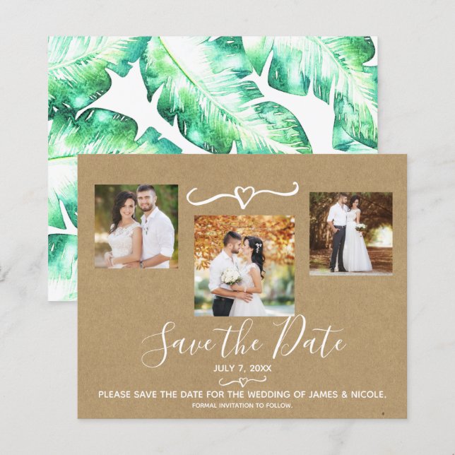 Tropiska Gröna Blad Bröllopsfoto Spara Datum (Fram/baksida)