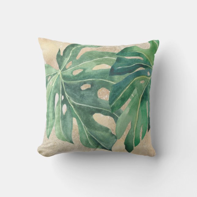 Tropiska gröna blad Monstera Guld Sand Kudde (Framsida)