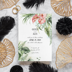 Tropiska gröna blad och anthurium rosa blommor inbjudningar