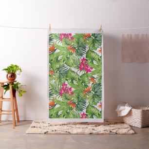 Tropiska gröna blad och rosa blommor tyg