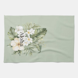 Tropiska Gröna Blad Vita Hibiskus Orkidéer Kökshandduk