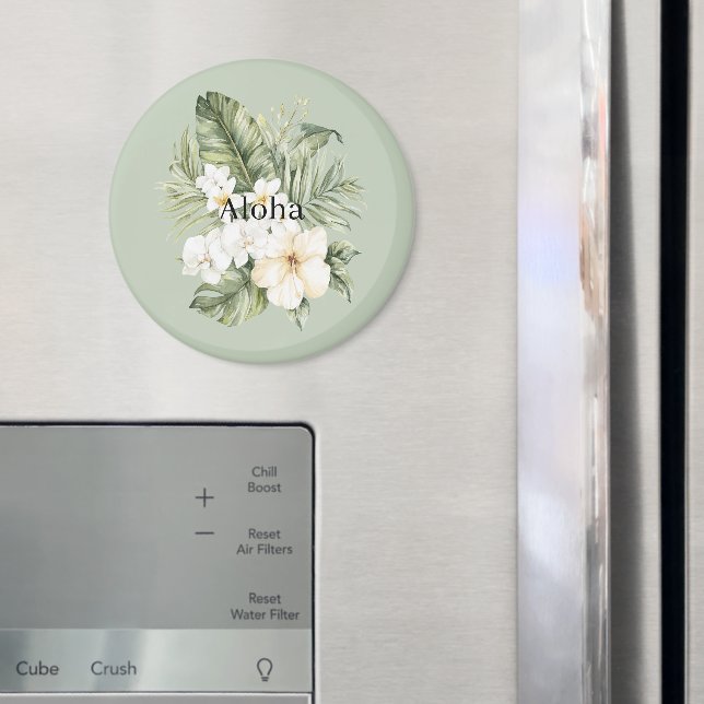 Tropiska Gröna Blad Vita Hibiskus Orkidéer Magnet (In Situ (Fridge))