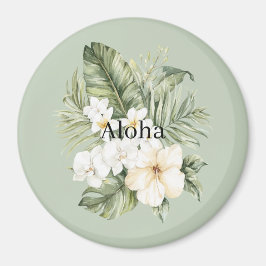 Tropiska Gröna Blad Vita Hibiskus Orkidéer Magnet