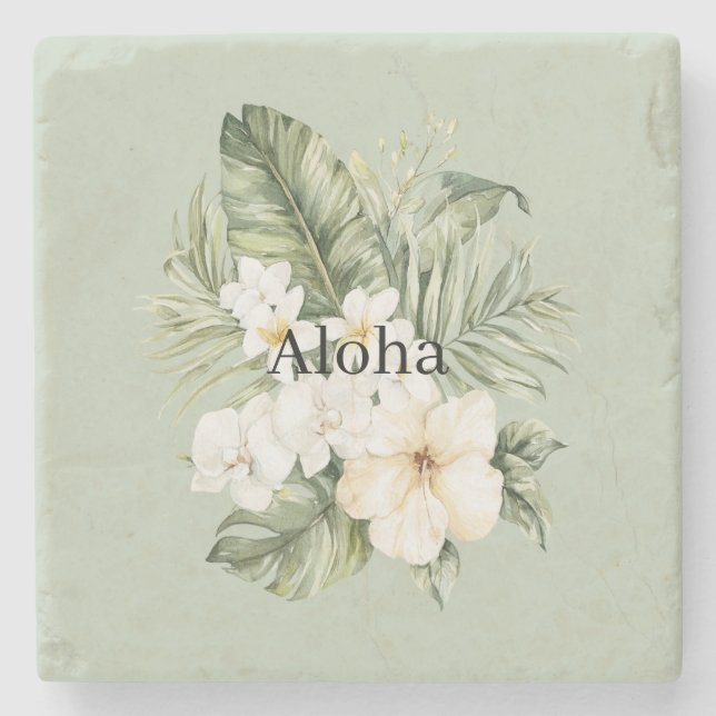 Tropiska Gröna Blad Vita Hibiskus Orkidéer Stenunderlägg (Framsidan)