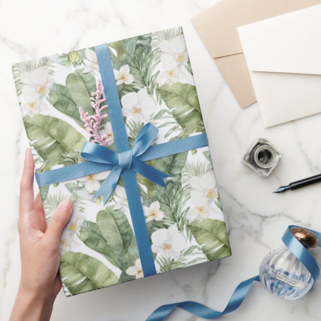 Tropiska Gröna Blad Vita Orkidéer Bröllop Presentpapper (Gifting)