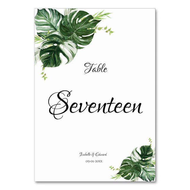 Tropiska Gröna Monstera-Blad Bröllop Bordsnummer (Framsidan)