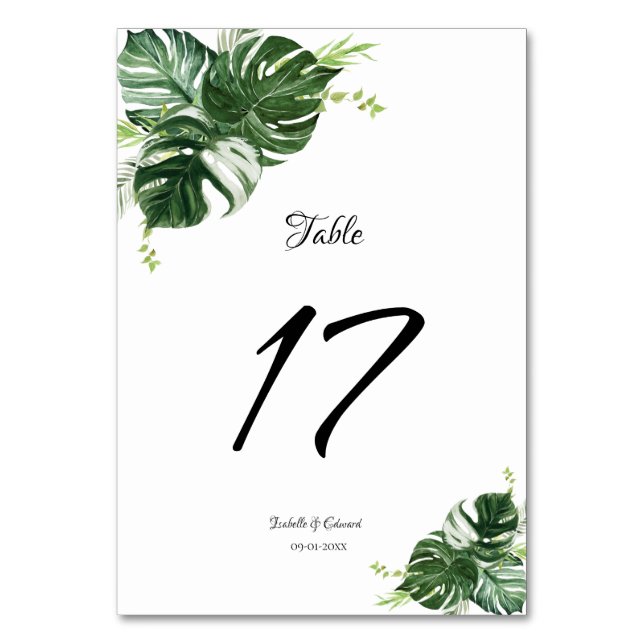 Tropiska Gröna Monstera Blad Bröllop Bordsnummer (Framsidan)