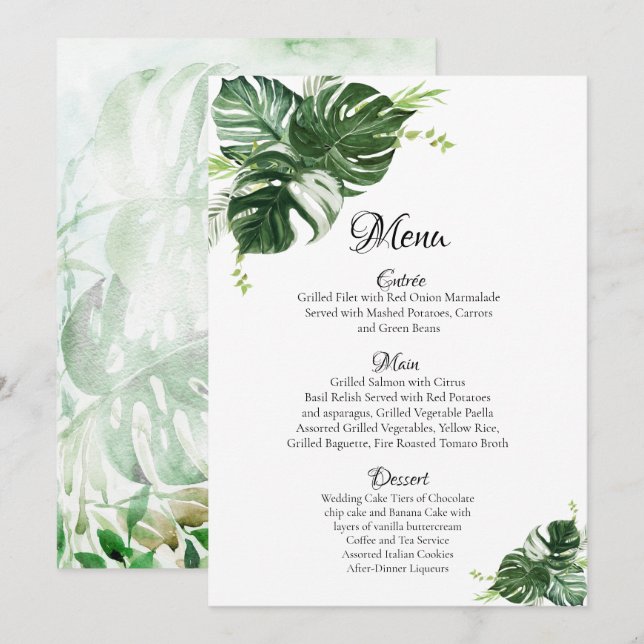 Tropiska Gröna Monstera-Blad Bröllop Meny (Fram/baksida)