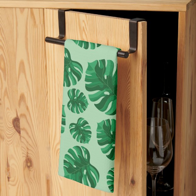 Tropiska gröna Monstera Palmblad Kökshandduk (Thirds Fold)