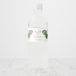 Tropiska gröna och gyllene Monstera blad Vattenflaska Etikett