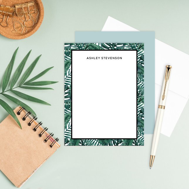 Tropiska Gröna Palm Monstera Blad Anpassat Namn Anteckningskort (Skapare uppladdad)