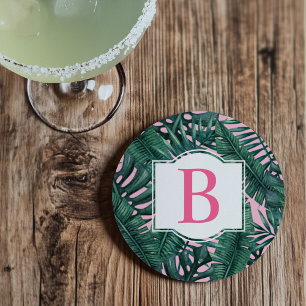 Tropiska gröna palmkvistar rosa monogram underlägg