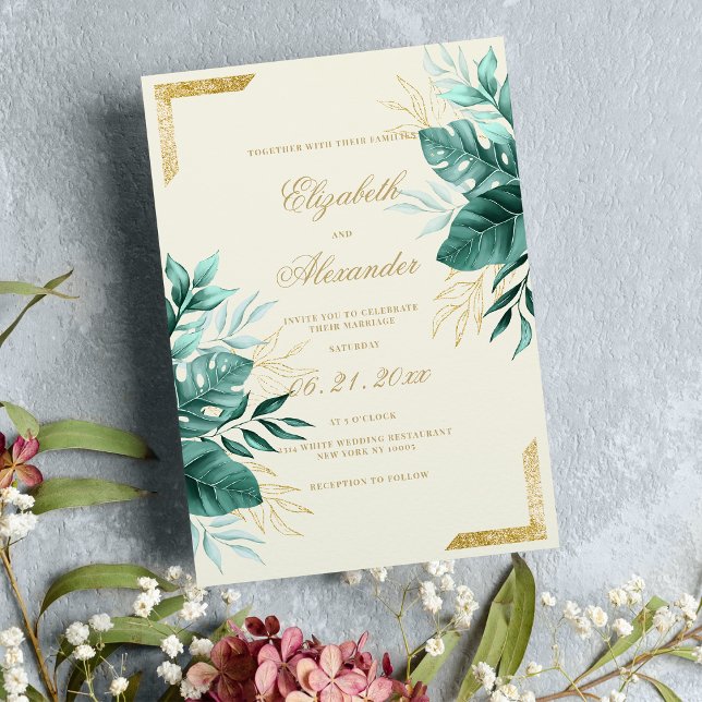 Tropiska grönten Elfenben guld glitter blommigt br Inbjudningar (Tropical green ivory gold glitter floral wedding )