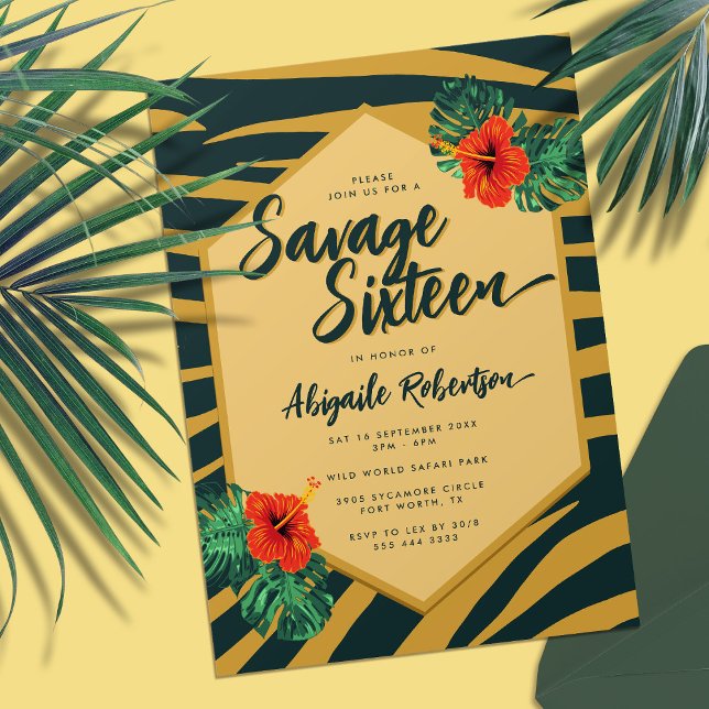 Tropiska Grönten Guld Zebra Blommigt Sweet sixteen Inbjudningar (Green and gold zebra print Sweet 16 invitation with tropical flowers)