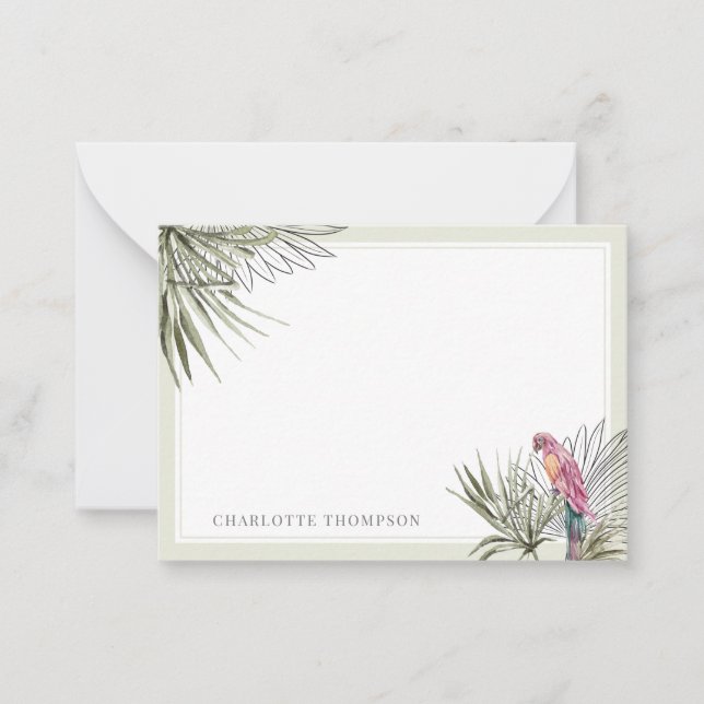 Tropiska Grönten Handflatan och Parrot Personlig N Anteckningskort (Framsida)