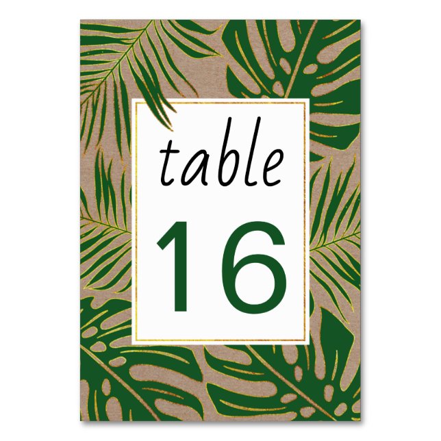 Tropiska grönten löv bröllop bröllop bordsnummer (Framsidan)