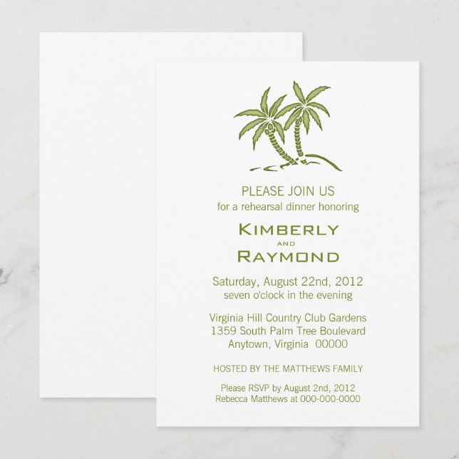 Tropiska Grönten Twin Handflatan Träd Rehearsal Mi Inbjudningar (Fram/baksida)
