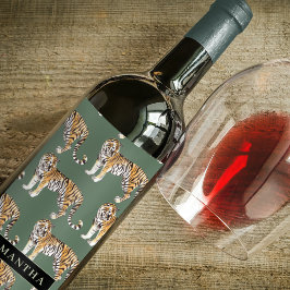 Tropiska Gröntens vattenfärgsfiskare Mönster med N Vinflaska Etikett