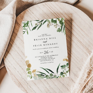 Tropiska Guld Grönt Foliage Avslappnad Bröllop Inbjudningar