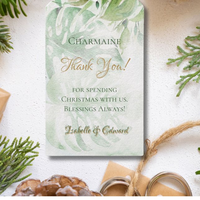 Tropiska Guld Handflatan Foliage Löv Grönt Bakgrun Presentetikett (Skapare uppladdad)