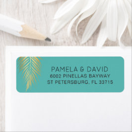 Tropiska Guld Handflatan Frond på Karibiskt blått Returadress Etikett