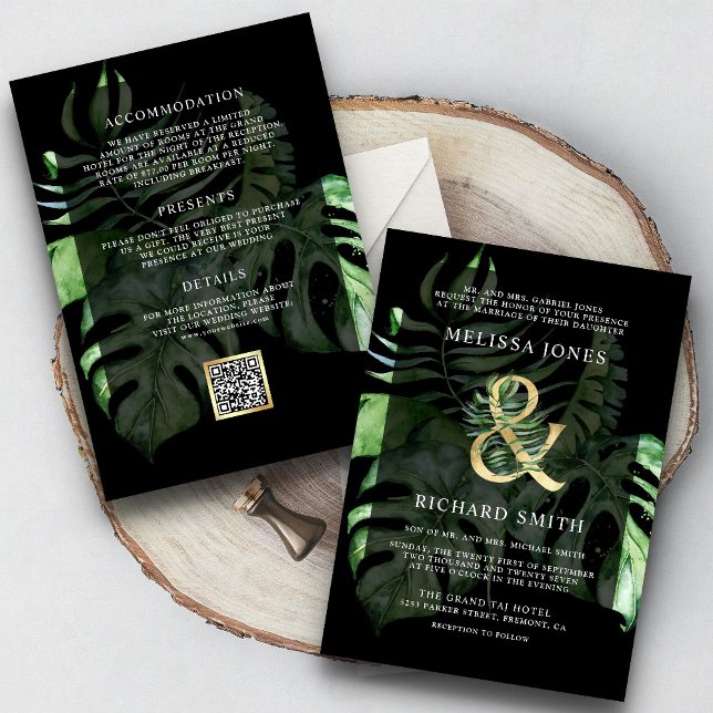 Tropiska Guld Monstera Handflatan Black QR-koden B Inbjudningar (Skapare uppladdad)
