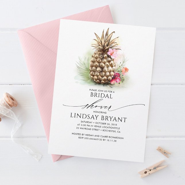 Tropiska Guld Pineapple Beach Blommigt Möhippa Inbjudningar (Skapare uppladdad)