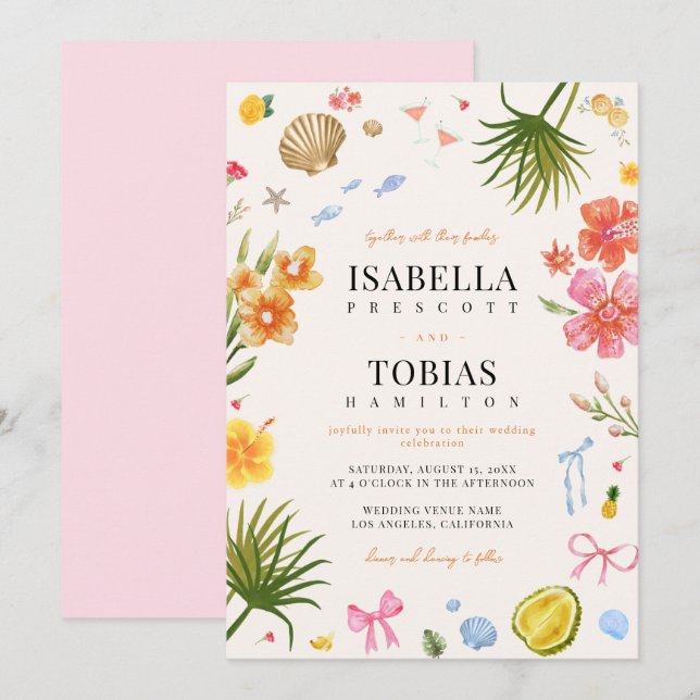 Tropiska Hand plockade-blommor Snäcka Bröllop Inbjudningar (Fram/baksida)