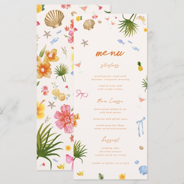 Tropiska Hand plockade-blommor Snäcka Bröllop Meny (Fram/baksida)