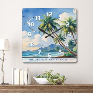 Tropiska Handflatan Beach House Family Namn Waterc Fyrkantig Klocka