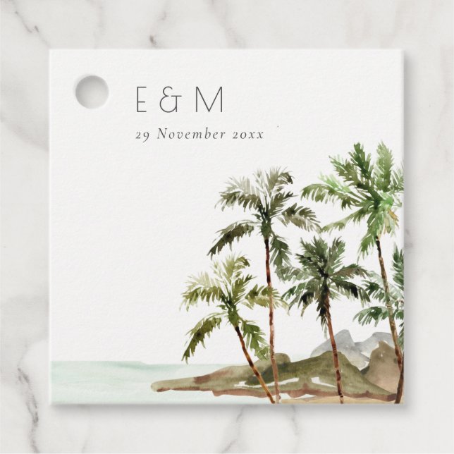 Tropiska Handflatan Beach Sand Monogram Bröllop Gåvor Etiketter (Framsida)