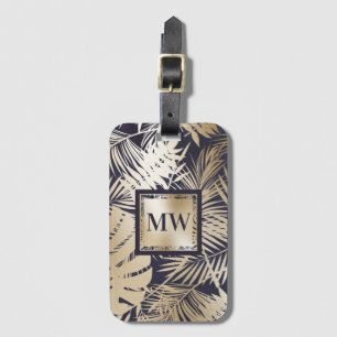 Tropiska handflatan faux faux guld navy monogram ö bagagebricka