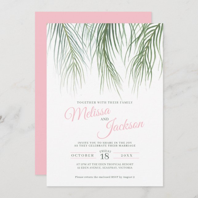 Tropiska handflatan fronten vattenfärgen grönt ros inbjudningar (Fram/baksida)