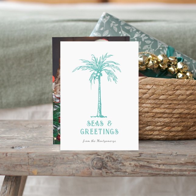 Tropiska Handflatan-hav och Hälsning-julfoto Julkort (Tropical Palm Seas and Greetings Christmas Photo Holiday Card)