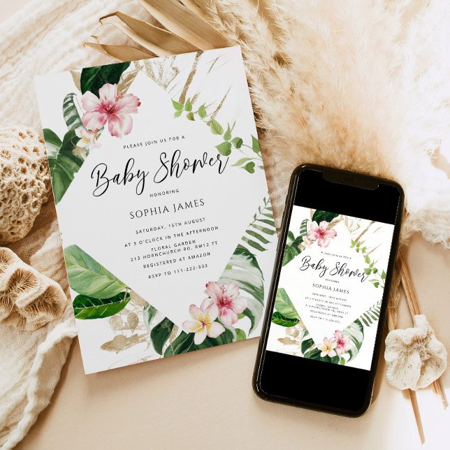 Tropiska handflatan lämnar babyduschen ram inbjudningar (Skapare uppladdad)