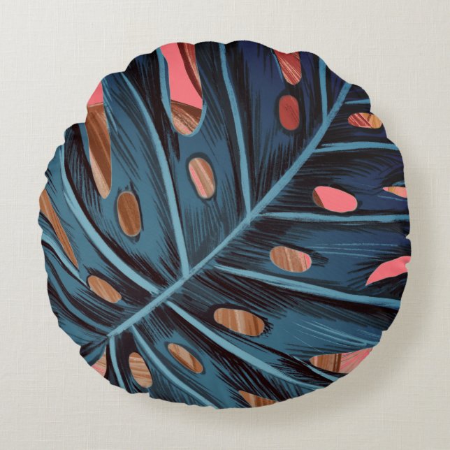 Tropiska handflatan lämnar monstera modern rund kudde (Framsidan)