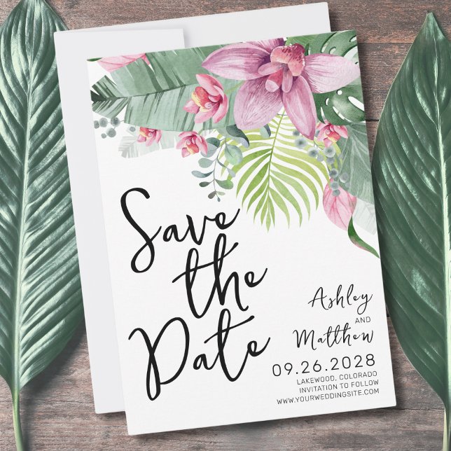 Tropiska Handflatan Löv Blommigt Bröllop Spara Datumet (Fun Modern Floral Watercolor Tropical Wedding Save The Date)